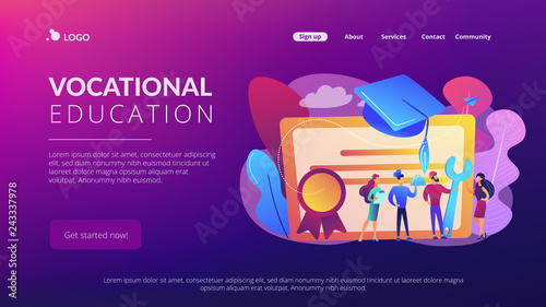 Vocational specialists graduating and diploma with graduation cap. Vocational education, professional learning, online vocational education concept. Website vibrant violet landing web page template.