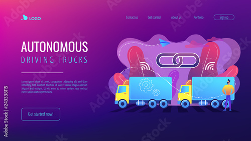 Trucks connected into platoon with connectivity technologies. Truck platooning, autonomous driving trucks, modern logistics technology concept. Website vibrant violet landing web page template.