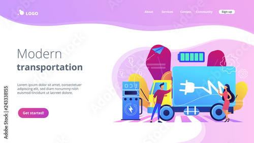 Eco-friendly elecrtic truck with plug charging battery at the charger station. Electric truck, eco-friendly logistics, modern transportation concept. Website vibrant violet landing web page template.