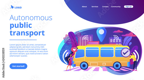 Passengers like and approve autonomos robotic driverless bus. Autonomous public transport, self-driving bus, urban transport services concept. Website vibrant violet landing web page template.
