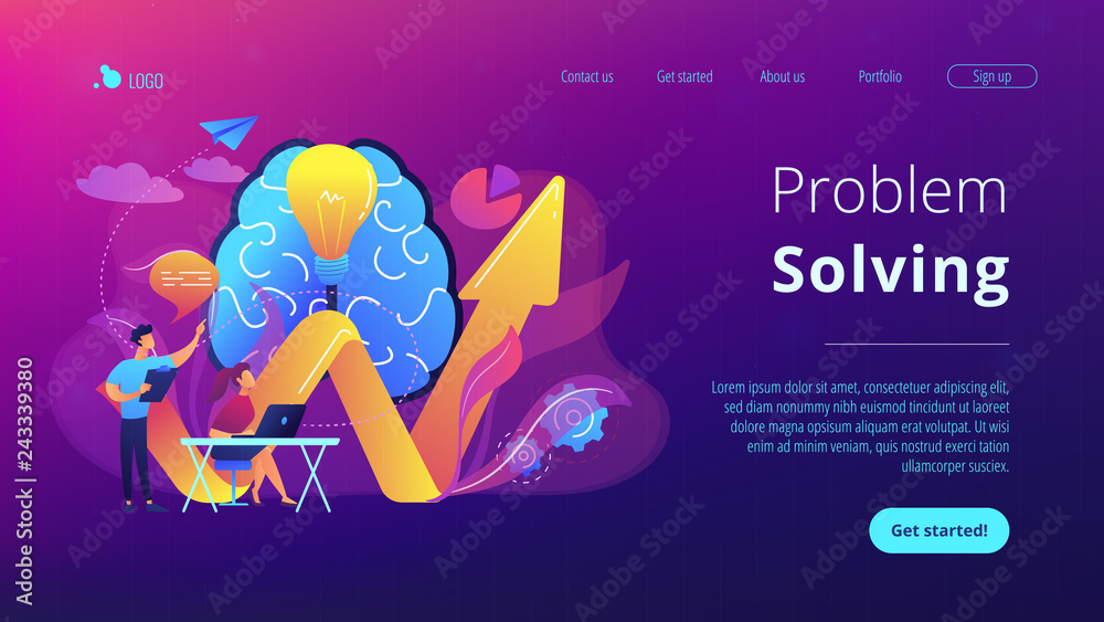 Brain, lightbulb and business team solving problem. Innovative solution, problem-solving and crisis management concept on white background. Website vibrant violet landing web page template. - obrazy, fototapety, plakaty 