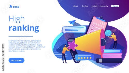 Megaphone and businessmen rate with stars and thumb up icons. Rank and rating scale, high-ranking, top-ranking concept on white background. Website vibrant violet landing web page template.