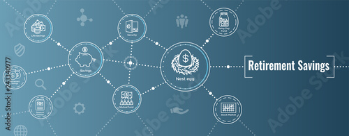 Retirement Account and Savings Icon Set Web Header Banner w Mutual Fund, Roth IRA, etc