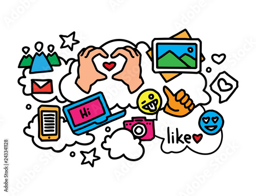 Social networks illustration. Internent icons. Hand drawn vector illustration.