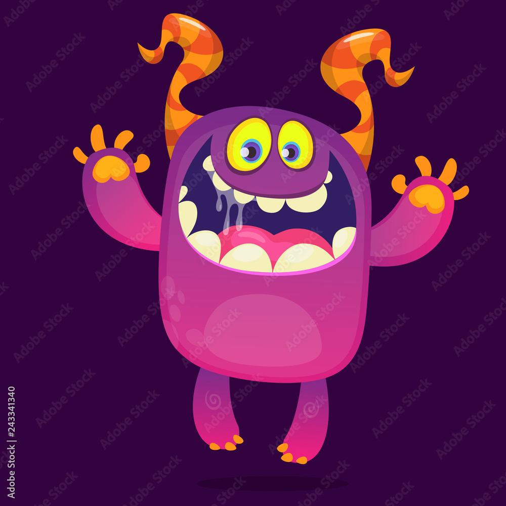 Fototapeta premium Funny cartoon monster. Halloween vector illustration of excited monster laughing