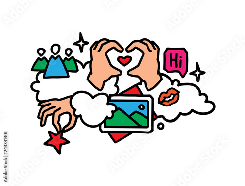 Social networks illustration. Internent icons. Hand drawn vector illustration.