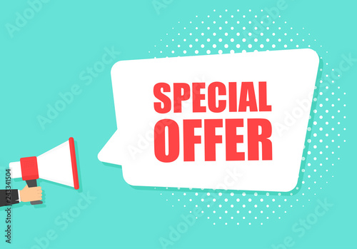 Male hand holding megaphone with special offer speech bubble. Loudspeaker. Banner for business, marketing and advertising. Vector illustration.