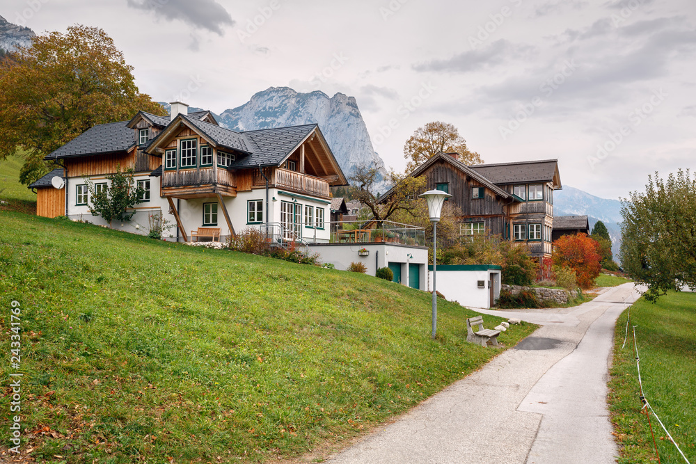 Residential neighborhood. View of the Alps. Town of Grundlsee, Styria, Austria.