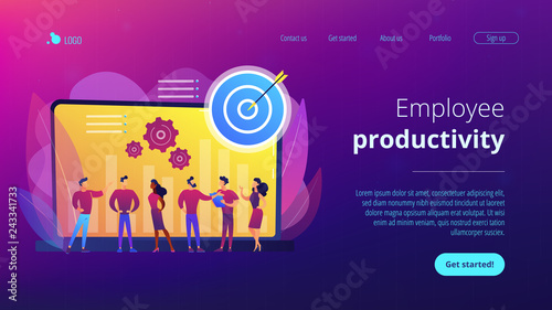 Employees get organizational goals and feedback. Performance management, management software, employee productivity and performance tracking concept. Website vibrant violet landing web page template.