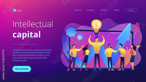 Company enployees and leader having successful money-making idea. Intellectual capital, company human resources, money-making sources concept. Website vibrant violet landing web page template.