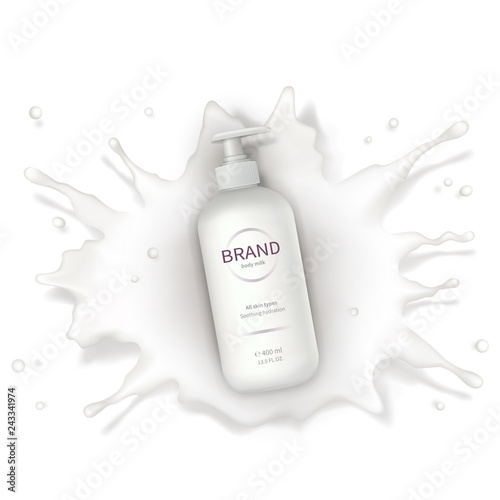 Cosmetic realistic vector background with cream. Skin care cosmetics, body lotion in white plastic bottle with dispenser fall into milk splash, crown. Mock-up promo banner, advertising poster template