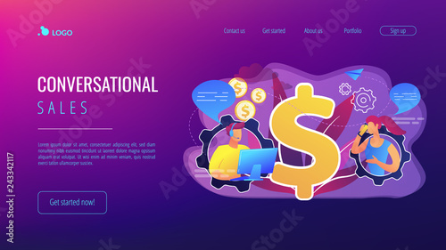 Customer has conversation on smartphone with assistant in real-time. Conversational sales, conversational marketing, real-time chatbot sale concept. Website vibrant violet landing web page template.