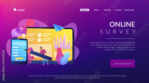 Businessman completing online survey form on smartphone screen. Online survey, internet questionnaire form, marketing research tool concept. Website vibrant violet landing web page template.