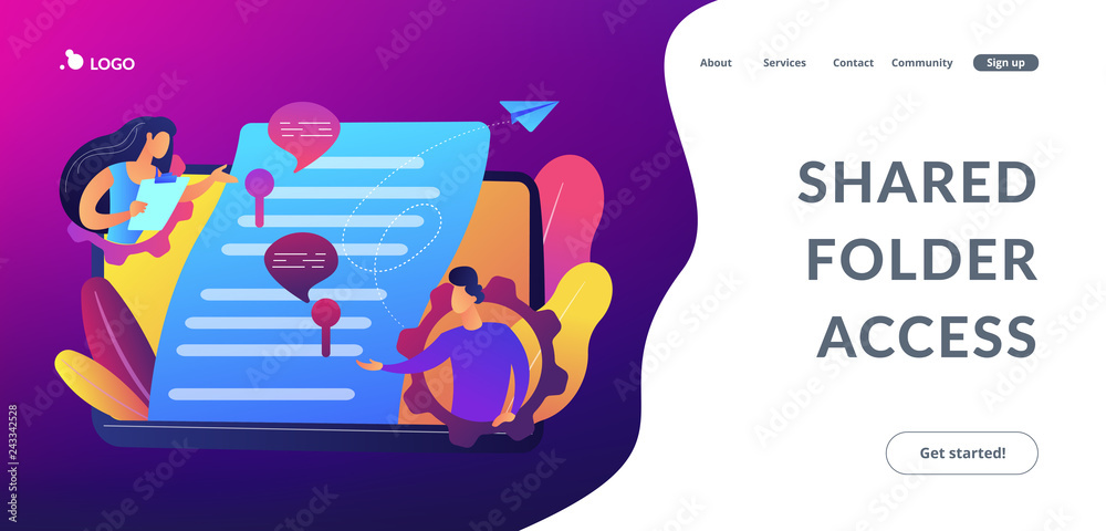 Fototapeta premium Business team editing shared document on laptop online. Shared document, shared folder access, collaborative document editing concept. Website vibrant violet landing web page template.