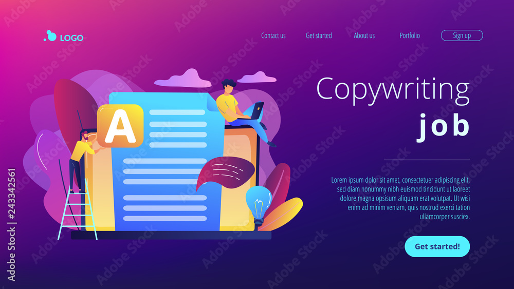 Copywriter at huge laptop writting creative advertising text. Copywriting job, home based copywriter, freelance copywriting concept. Website vibrant violet landing web page template.
