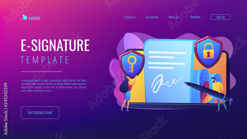 Businessman putting electronic signature on document, security shields. Electronic signature, e-signature template, e-sign consent agreement concept. Website vibrant violet landing web page template.