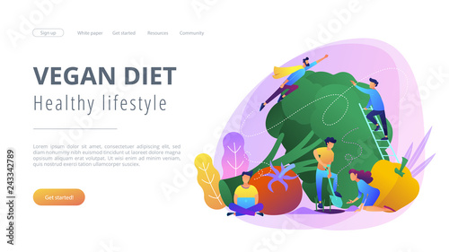 People taking care of vegetables. Vegan diet, healthy lifestyle landing page. Vegetarianism, vegetarian diet, meat abstaining, eco friendly, violet palette. Vector illustration on background.