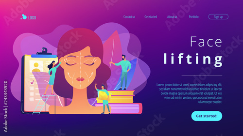 Plastic surgeons working on facelift surgery for woman face with wrinkles. Face lifting, rhytidectomy procedure, facelift surgery concept. Website vibrant violet landing web page template.