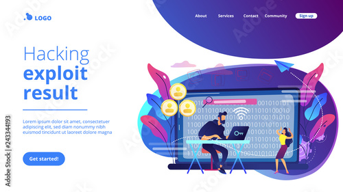 Hacker gathering target individuals sensitive data and making it public. Doxing, gathering online information, hacking exploit result concept. Website vibrant violet landing web page template.