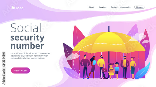 Individuals under umbrella protection against economic hazards. Social insurance, economic hazards risk, social security number concept. Website vibrant violet landing web page template.