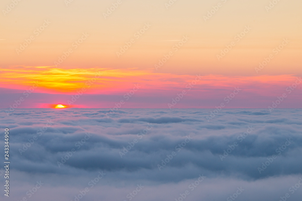 Sunset over the clouds between Bermeo and Bakio next to Gaztelugatxe at the Basque Country.