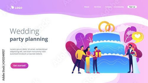 Bride and groom at wedding party and guests with gifts at big cake. Wedding party planning, bridal party ideas, bridesmaid dresses and gowns concept. Website vibrant violet landing web page template.
