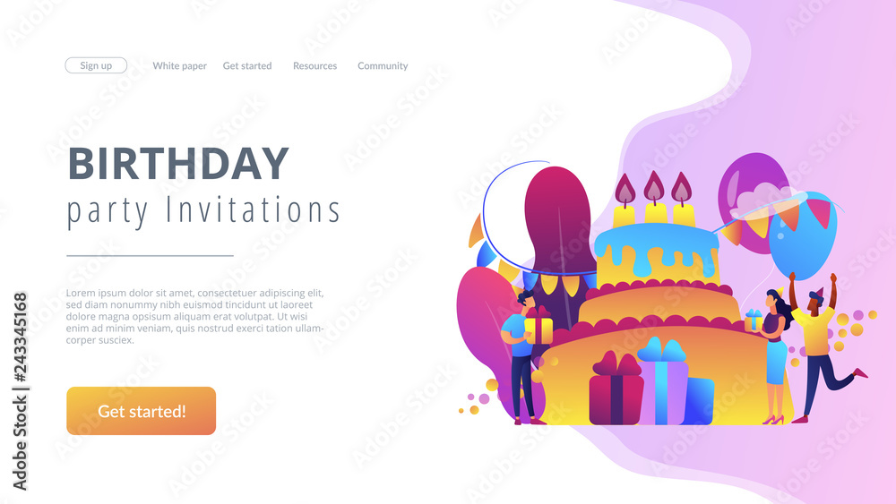Happy people with gifts celebrating birthday at huge cake. Birthday party supplies, birthday party Invitations, birthday planning concept. Website vibrant violet landing web page template.