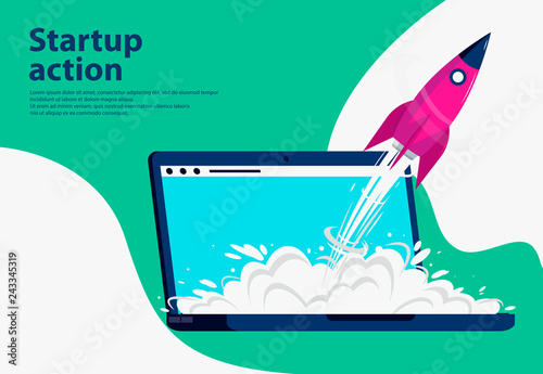 vector image of a rocket taking off from a laptop, a symbol of the startup of business, action