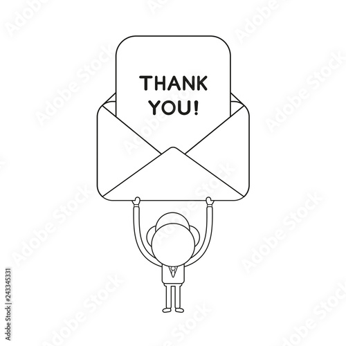 Vector illustration of businessman character holding up mail envelope with thank you paper. Black outline.