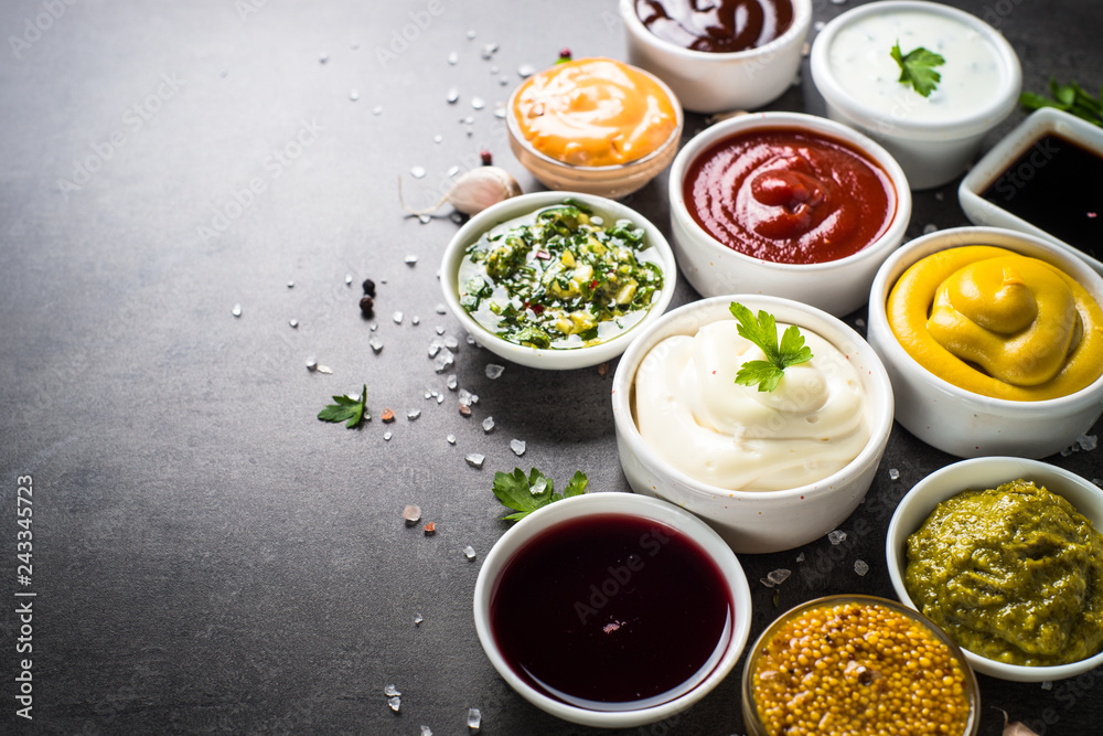 Sauce set assortment - mayonnaise, mustard, ketchup and others. Sauce set assortment - mayonnaise, mustard, ketchup and others.