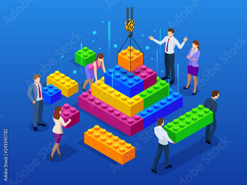 Isometric business management, online communication and finance concept, business teamwork and plastic blocks