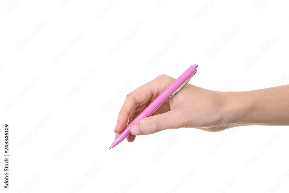 Female hand holding pen on white background Female hand holding pen on white background