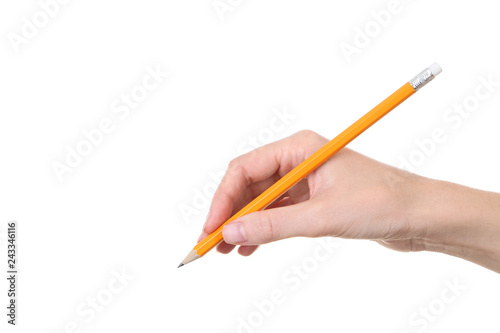 Female hand holding pencil on white background