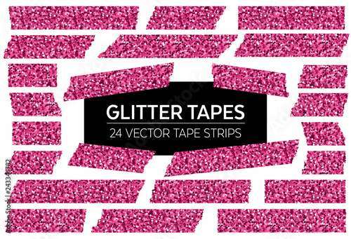 Pink Glitter Tape Strips with Torn Edges & Different Patterns. 24 Unique Isolated Vector Objects. Photo Sticker, Ad / Print / Web Layout Element, Clip Art, Scrapbook Embellishment