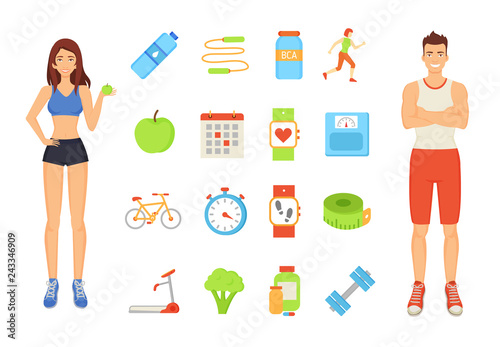 Woman and Man with Icons Set Vector Illustration