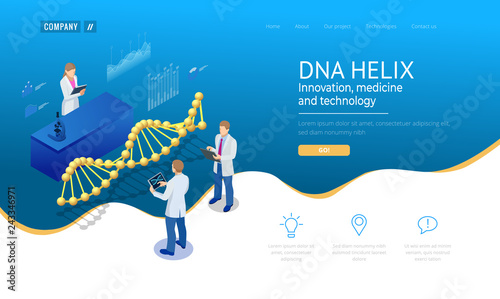 Isometric DNA helix, DNA Analysing concept. Digital blue background. Innovation, medicine, and technology. Web page or lending apge design templates