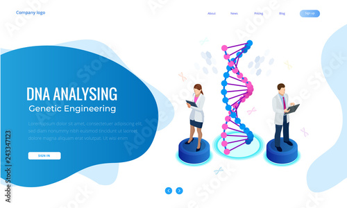 Isometric DNA helix, DNA Analysing concept. Digital blue background. Innovation, medicine, and technology. Web page or lending apge design templates