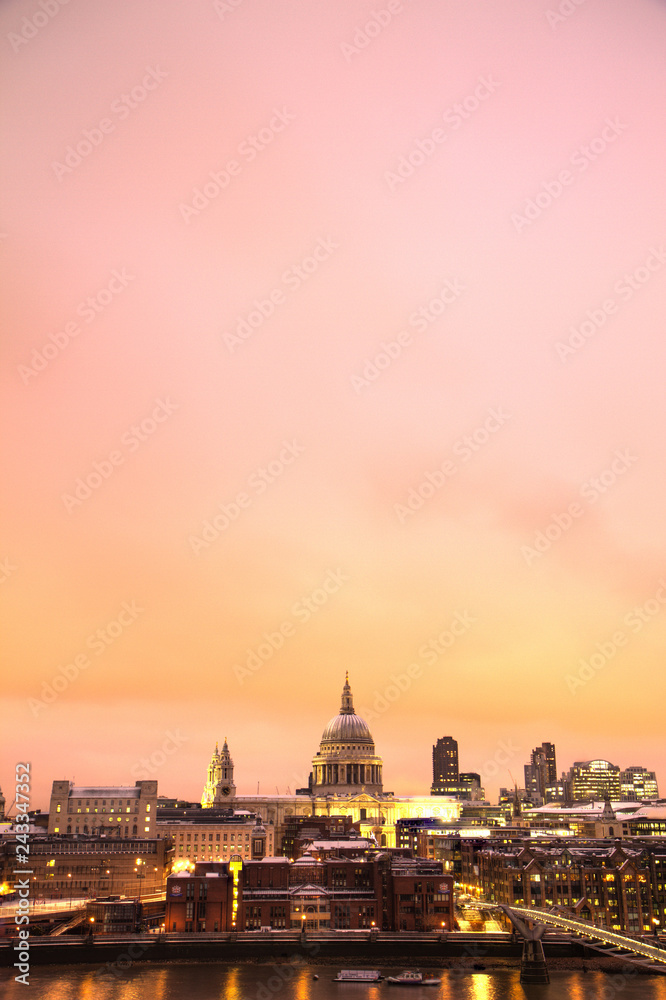 Saint Pauls Cathedral and Millennium Bridge from tate modern with pink sunset hdr