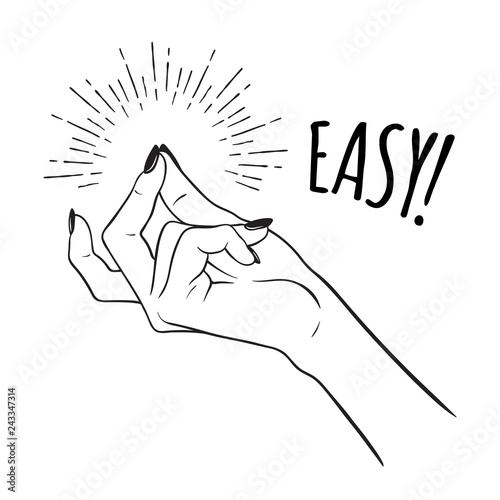 Hand drawn female hand with snapping finger gesture. Flash tattoo, blackwork, sticker, patch or print design vector illustration.