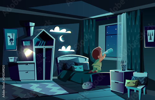 Vector night room with little boy watching stars by spyglass, telescope. Bedroom in the moonlight, children place with wardrobe, nightlight and clouds on walls. Infant observes the sky. Cozy interior.