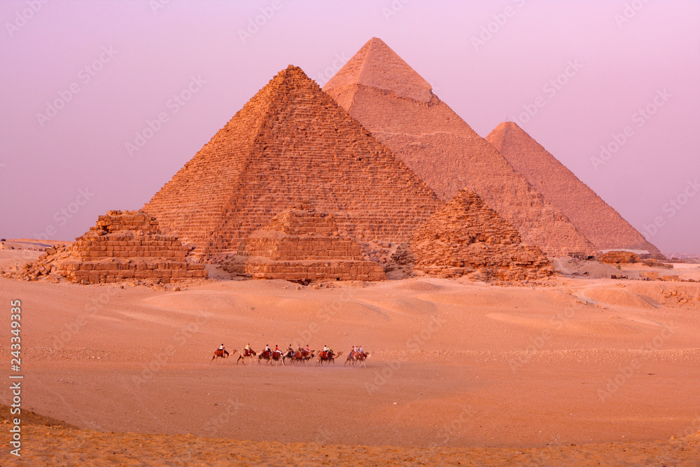 the great pyramids of giza in egypt with camel caravane - obrazy, fototapety, plakaty 