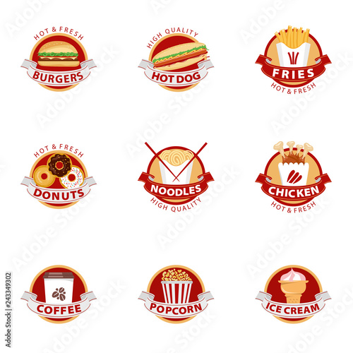 Fast food and BBQ Grill elements, Typographical Design Label or Sticer - burgers, pizza, hot dog, fries. Vector illustration.