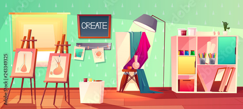Vector art studio interior. Creative workshop room with canvas, paints and pictures. Design salon for artists with brushes, easel. Still life drawing in bright class with window, hobby.