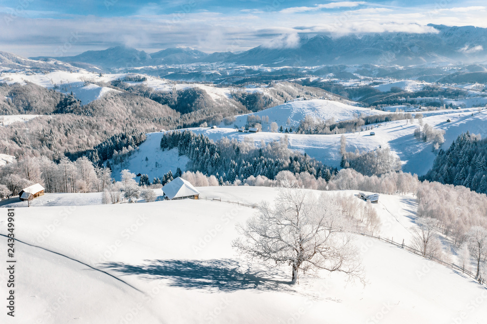 Heavy snowfall in Romania in the Rucar Bran Pass in Transylvania near Brasov and Sinaia