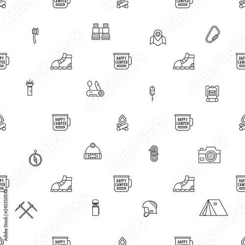 Camping Pattern Design - Outdoors Adventure seamless background with camp symbols and wanderlust elements in line art style. Nice for camping adventure tee, apparel, packaging, prints. Stock vector
