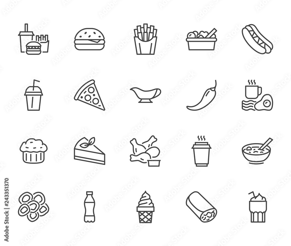 Fast food flat line icons set. Burger, combo lunch, french fries, hot dog, sauce, salad, soup, pizza vector illustrations. Thin signs for restaurant menu. Pixel perfect 64x64. Editable Strokes Fast food flat line icons set. Burger, combo lunch, french fries, hot dog, sauce, salad, soup, pizza vector illustrations. Thin signs for restaurant menu. Pixel perfect 64x64. Editable Strokes