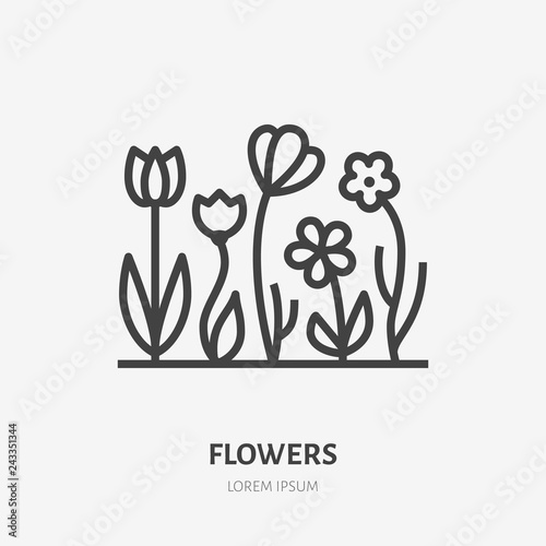 Spring flowers flat line icon. Vector thin sign of gardening, planting, ecology logo. Landscaping illustration, organic emblem