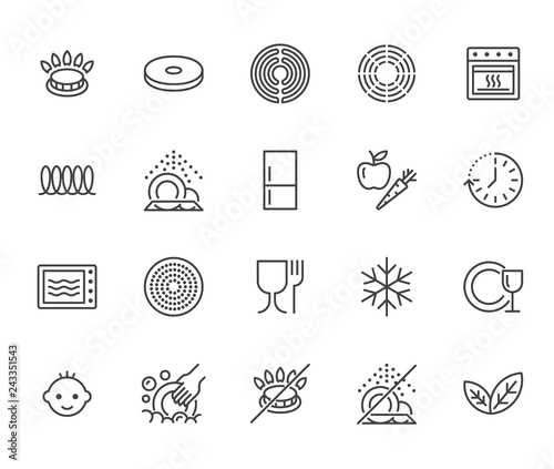 Utensil flat line icons set. Gas burner, induction stove, ceramic hob, non-stick coating, microwave, dishwasher vector illustrations. Thin signs for pan, dishes. Pixel perfect 64x64. Editable Strokes photo