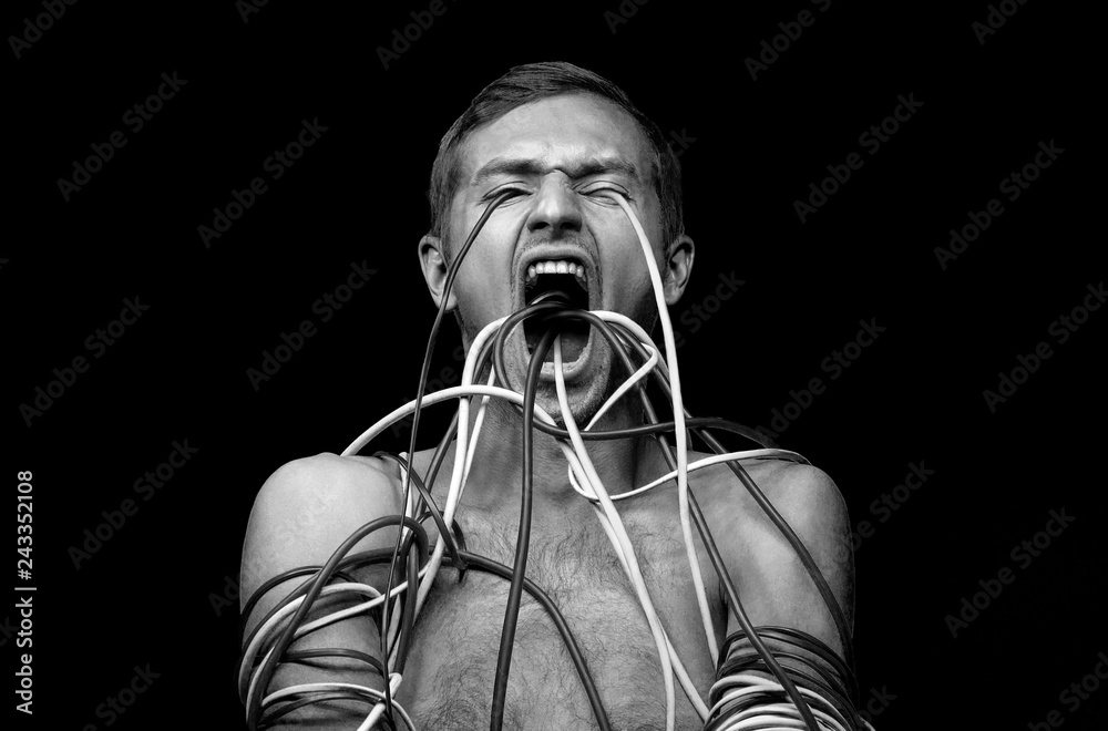 person wrapped wires, wires come out of the mouth and eyes person wrapped wires, wires come out of the mouth and eyes