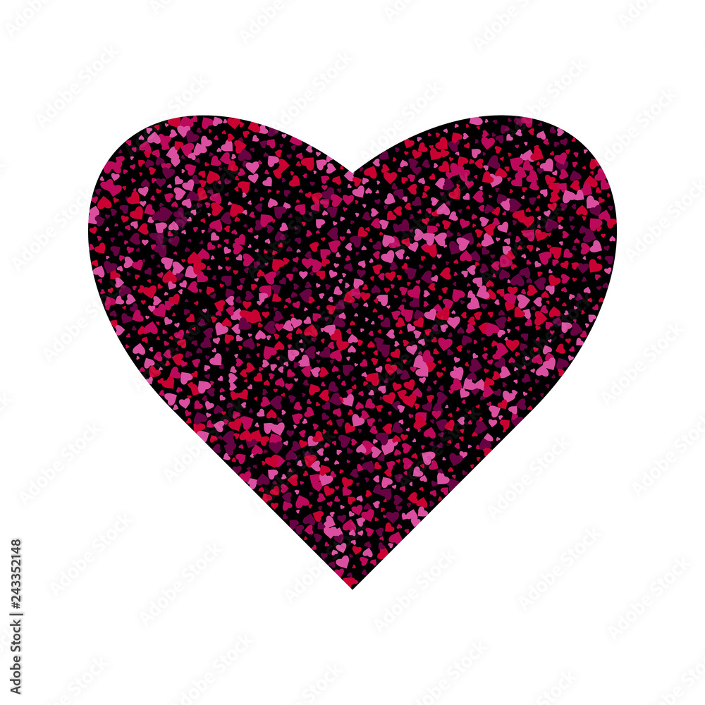 Vector confetti splash in the shape of a heart. Valentines Day background congratulation card. Heart shape of a lot of small hearts on a white background.